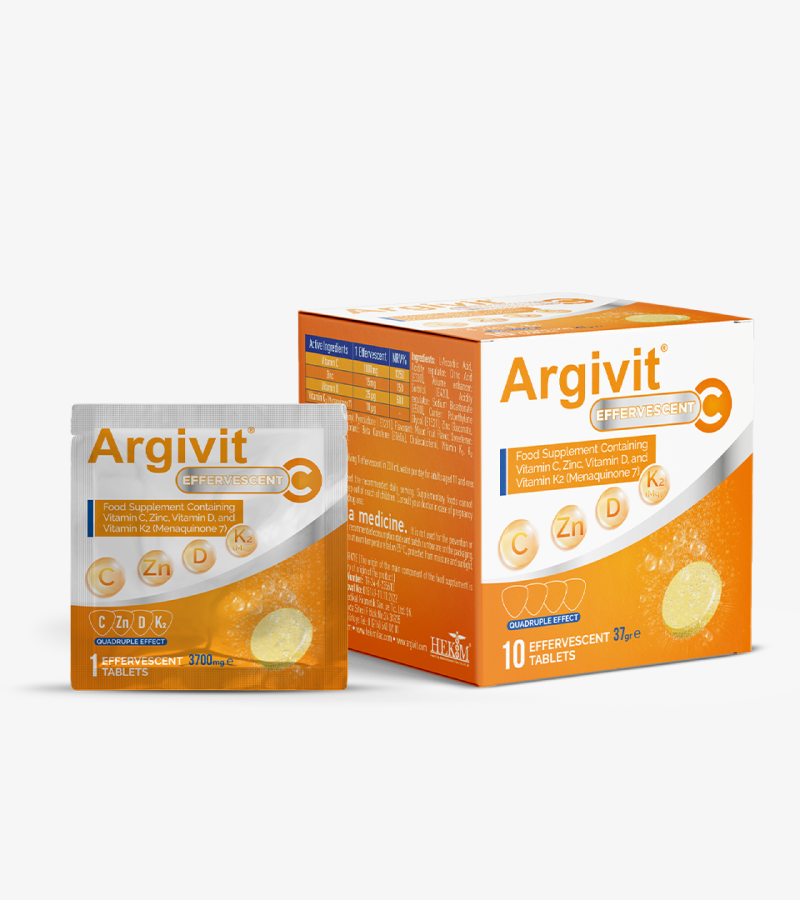 Argivit Efervesan C Saşe - C Vitamini, Çinko, D Vitamini ve K2 Vitamini (Menaquinon 7) İçeren Saşe Form Takviye Edici Gıda