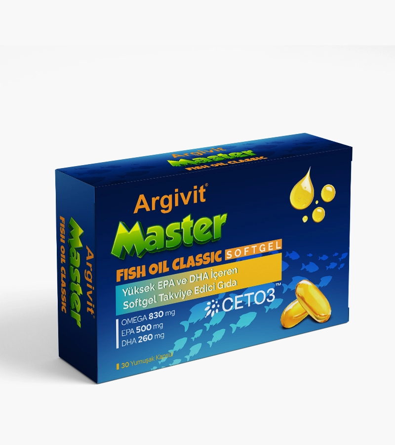 Argivit Master Fish Oil Classic Softgel - Balık Yağı Karışımı (Toplam Omega 3, EPA, DHA) ve E Vitamini İçeren Kapsül Form Takviye Edici Gıda